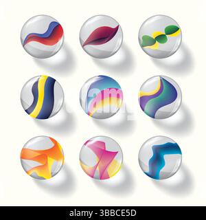 A set of 9 glass marble balls with vibrant abstract patterns, perfect for decorative, playful, or conceptual design use. Stock Vector