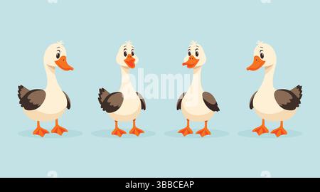 geese set flat vector illustration isolated on white background with different goose poses. Stock Vector
