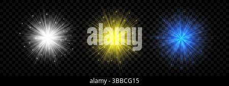 Light effect of lens flares. Set of three white, yellow and blue glowing lights starburst effects with sparkles on a transparent background. Vector il Stock Vector