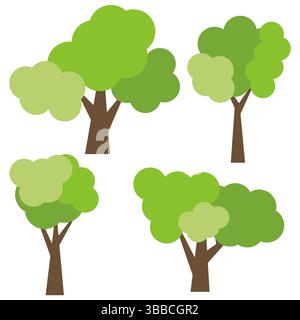 Set of four different cartoon green trees isolated on white background. Vector illustration Stock Vector
