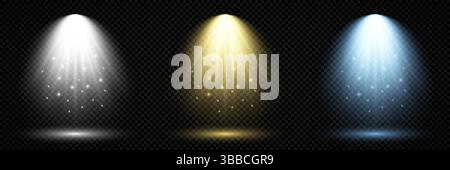 Lighting with spotlight. Set of three scene illumination effects with cold white, yellow and blue lighting on a dark transparent background. Vector il Stock Vector