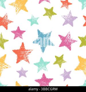 Seamless Pattern with hand drawn colorful Stars on white background. Abstract grunge texture. Vector illustration Stock Vector