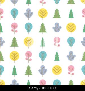 Seamless pattern with colored trees on white background. Vector illustration. Stock Vector
