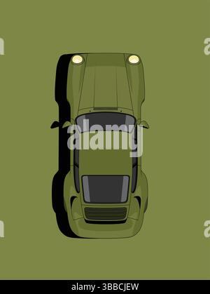 Minimalist top-down vector illustration of a green Porsche 911. Editorial automotive poster artwork with clean design and subtle retro aesthetics. Stock Vector