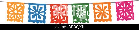 Colorful decorative cut out garland. Dia de los Muertos, Mexican Day of the Dead. Halloween paper bunting flags, papel picado. Isolated vector hand Stock Vector