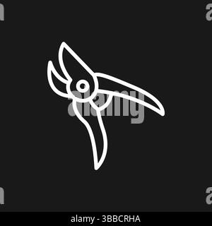 White Outline Icon Secateurs on Black Background, Gardening Tool Stock Vector