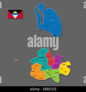 Vector map of Antigua and Barbuda with names of cities and with borders city Stock Vector