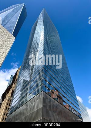 One World Trade Center (left), 7 World Trade Center (right), building exterior, low angle view, New York City, New York, USA Stock Photo