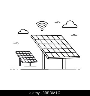 Smart Solar Panel System with Wireless Connection. Solar Panels with Wi-Fi Symbol. Stock Vector