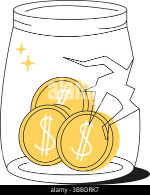 Cracked glass jar filled with coins, symbolizing financial loss, economic crisis, or broken savings, vector. Minimal linear style with a focus on Stock Vector