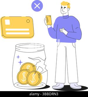 man facing a financial issue with a declined credit card and a cracked savings jar full of coins. Symbolizes banking problems, debt, economic crisis Stock Vector