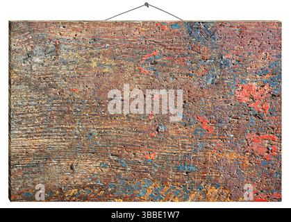 wooden rustic signboard hanging with nail - old blank wood notice board with remains of paint, isolated on white Stock Photo
