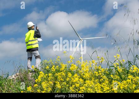 Female engineer communicating using walkie talkie near wind turbines Stock Photo