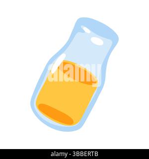 Transparent blue glass bottle filled with orange liquid, illustrated in flat cartoon style and isolated on white background. Stock Vector