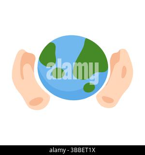 Cartoon hands holding Earth globe in flat style, symbol of ecology, planet care, peace and global responsibility. Stock Vector