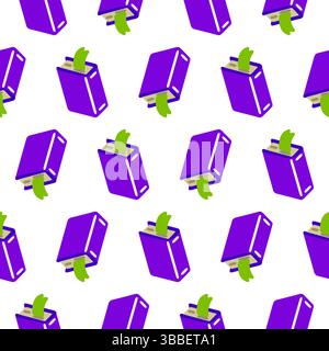 Seamless pattern with purple books and green bookmarks in flat cartoon style, fun and minimal reading-themed design. Stock Vector