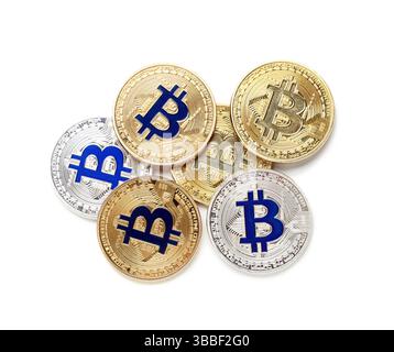 Different bitcoins on white background, top view Stock Photo