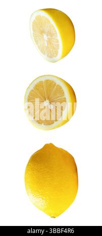 Top view set of fresh ripe yellow lemon fruits with two halves is isolated on white background with clipping path. Stock Photo