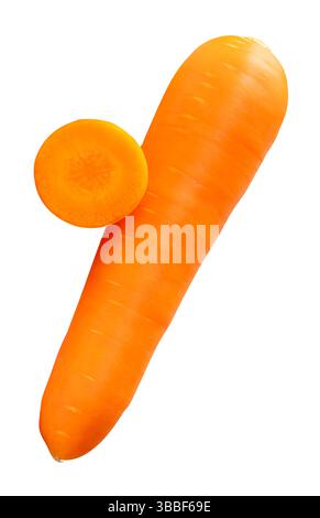 Side view of one fresh orange carrot root with slice in circle in stack is isolated on white background with clipping path. Stock Photo