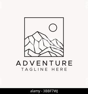 Logo Rocky Mountain Landscape in Square Frame Adventure Concept Brand Identity Stock Vector