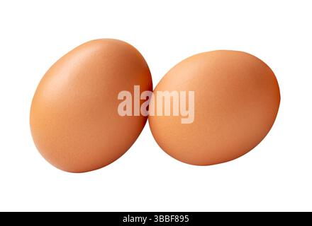 Two fresh brown chicken eggs in stack is isolated on white background with clipping path. Stock Photo