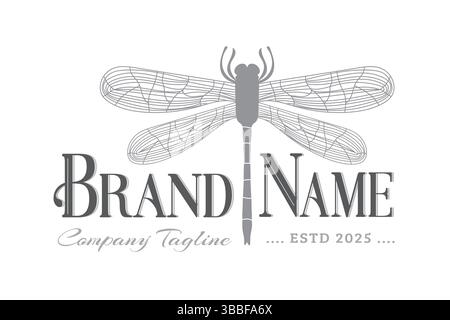 Gray Retro Badge Style Dragonfly Brand Logo Design Stock Vector