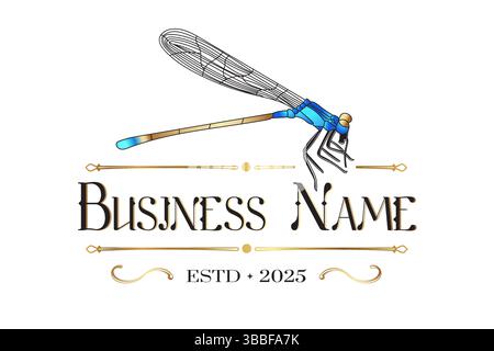 Gold Blue Dragonfly Vintage Retro Brand Logo Stock Vector