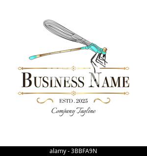 Gold Dragonfly Vintage Retro Style Brand Logo Stock Vector