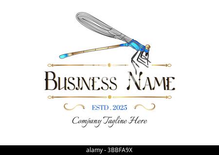 Gold Blue Dragonfly Vintage Retro Style Brand Logo Stock Vector