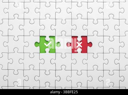 Missing puzzle pieces with check mark and cross symbols. Approve or reject, right or wrong, yes or no in decision making, concept of choose Stock Photo