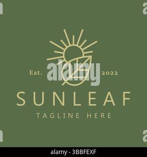 Sun and Leaf Geometric Logo for Nature Business Organic Health Beauty Product. Natural Plant Farm Field Label. Stock Vector