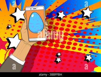 Cartoon Smartphone, comic book Telephone with Easter Egg. Retro vector comics pop art design. Stock Vector