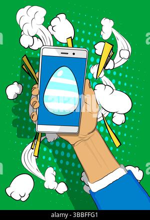 Cartoon Smartphone, comic book Telephone with Easter Egg. Retro vector comics pop art design. Stock Vector