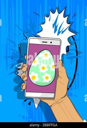 Cartoon Smartphone, comic book Telephone with Easter Egg. Retro vector comics pop art design. Stock Vector