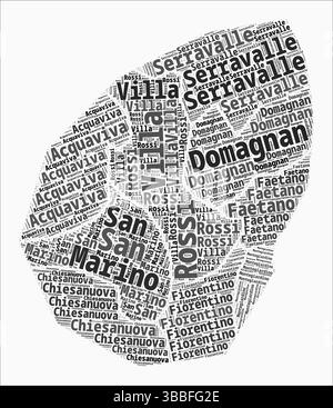 San Marino regions map word cloud. San Marino region names. Black and white map design. Trending ...
