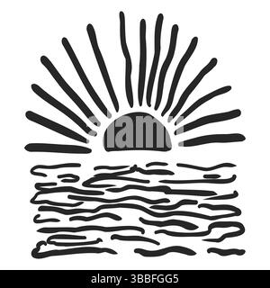 Hand drawn groovy sunset with waves hand drawn. Coastal relaxed retro minimal print. Boho silhouette sun tropical. Vector illustration Stock Vector