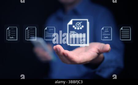 Document Management System concept. A man with his smartphone searches for a file stored in the DMS system for store, share, track and manage files or Stock Photo