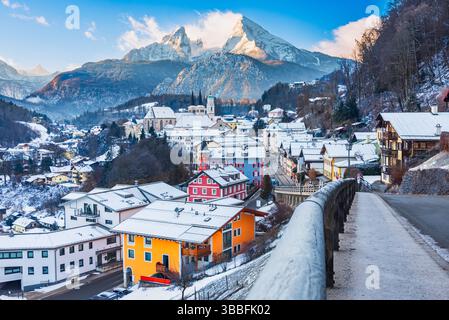 Berchtesgaden, Germany. Charming alpine town in Bayern, Watzmann Mountain snow covered landscape. Stock Photo