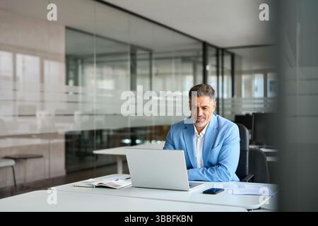 Happy senior older professional business man using computer working at desk. Stock Photo