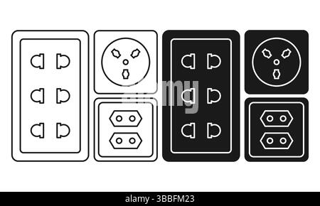Collection of Electrical Sockets with Various Types Flat Black and Outline Style. Power Connection Outlet Icons. Stock Vector