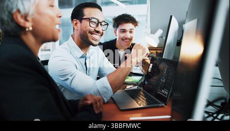 Web developer, smile and team in office for software, system or website update launch at night. Deadline, happy programmer and backend engineer for Stock Photo