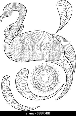 Detailed black and white line art illustration of a stylized bird adorned with complex patterns, resembling a zendoodle or mandala design. Ideal for a Stock Vector