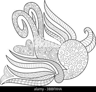 Black and white line art illustration of an abstract and stylized bird with intricate decorative patterns and tribal elements. Ideal for adult colorin Stock Vector