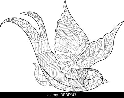 Black and white line art illustration of a flying bird (swallow or similar) with intricate zentangle and mandala-inspired patterns. Ideal for coloring Stock Vector