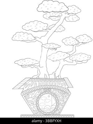 Black and white outline illustration of a stylized bonsai tree in a highly decorated pot. The pot features intricate patterns and a circular emblem de Stock Vector