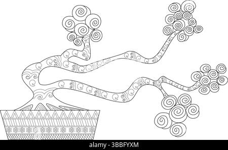 Black and white line art illustration of a decorative bonsai tree in a pot, featuring intricate patterns on the trunk, branches, and pot, with swirlin Stock Vector