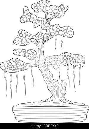 Black and white line art illustration of a stylized bonsai tree with circular patterns filling its foliage, set in a decorative pot. Perfect as a colo Stock Vector