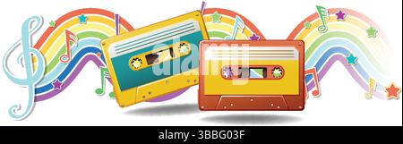 Colorful cassettes with musical notes and rainbows Stock Vector
