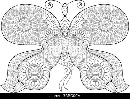 Detailed line art illustration of a butterfly with intricate mandala and floral patterns on its wings and body, isolated on a white background. Perfec Stock Vector
