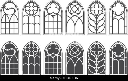 Gothic church windows with arched frames and stained glass. Medieval vintage silhouettes of cathedral architecture decorations geometric ornaments Stock Vector
